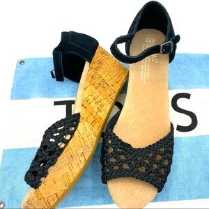 TOMS Cork Wedge Sandals Black Suede with Straps
